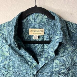 Johari West Batik Hawaiian Shirt “Geometric Forest” XL Blue/Teal Cotton